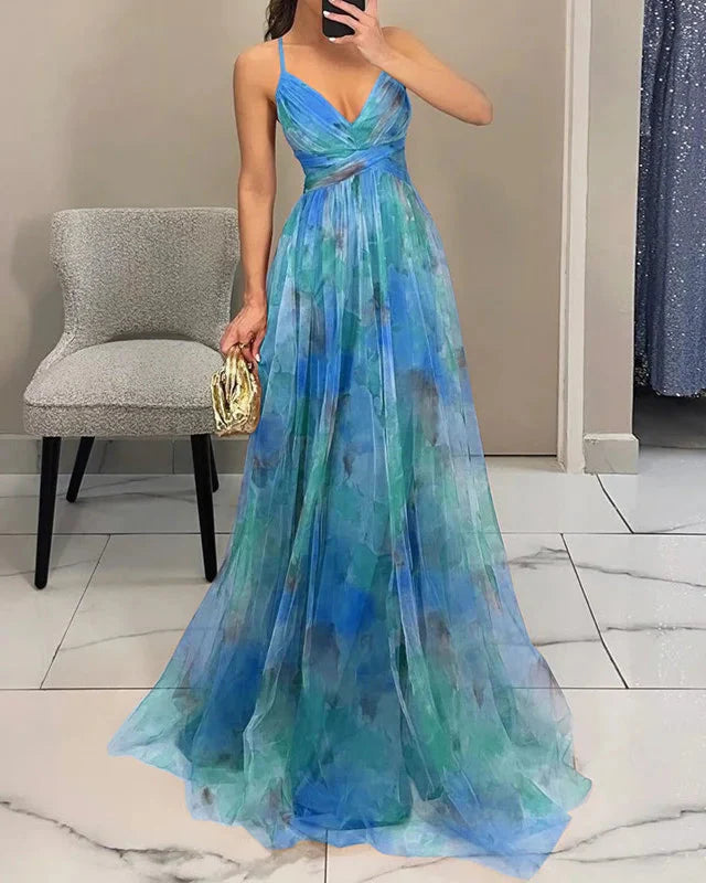 Gorgeous floral print A-line maxi dress, a chic and flowy summer dress for women.