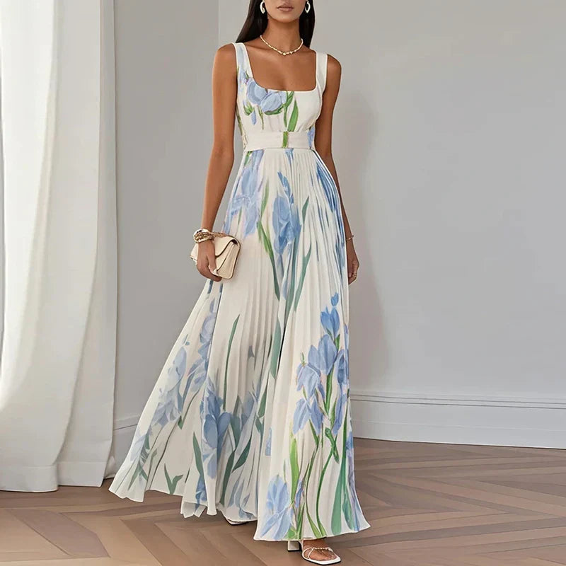 Stunning women's spring/summer floral A-line maxi dress. Elegant V-neck design for special occasions & parties.
