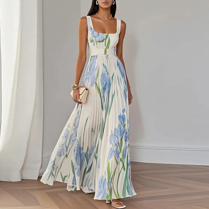 Stunning women's spring/summer floral A-line maxi dress. Elegant V-neck design for special occasions & parties.