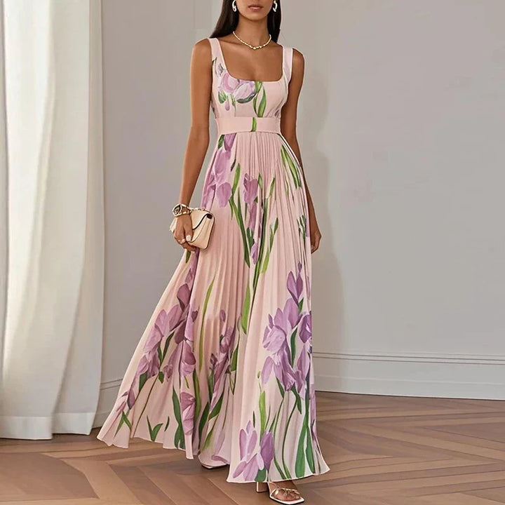Graceful women's V-neck floral maxi dress, A-line cut. Ideal elegant attire for wedding guests or formal events.
