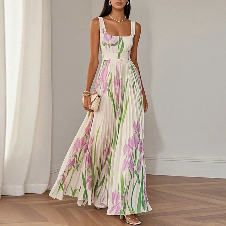 Chic women's floral A-line maxi wedding guest dress. Elegant V-neck, floor-length formal evening gown for special events.