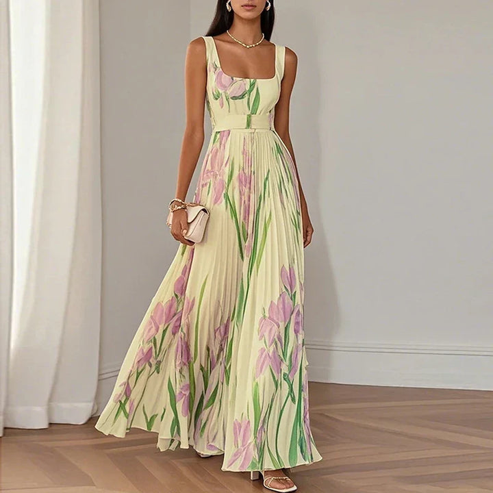 Beautiful floral pattern on an A-line maxi dress for women. V-neck, floor-length, suitable as a party or special occasion dress.