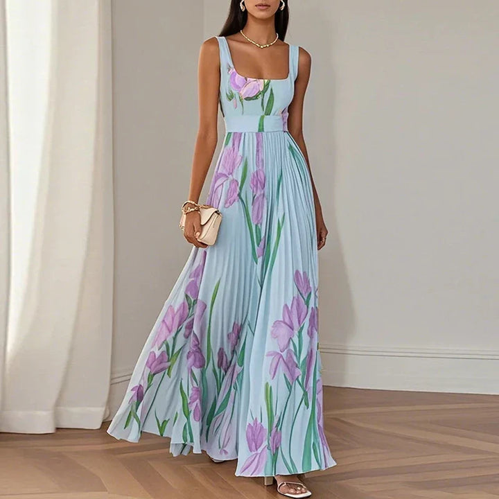 Women's elegant floral print A-line maxi dress. V-neck, floor-length style, perfect for weddings & formal summer parties.