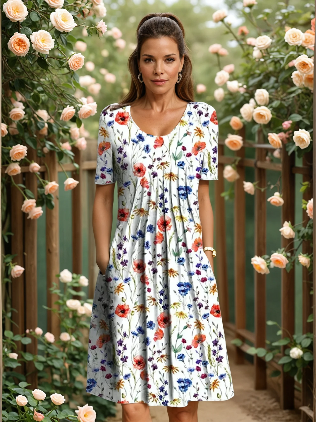 Elegant women's floral A-line midi dress with comfortable tummy coverage, perfect for spring and summer.