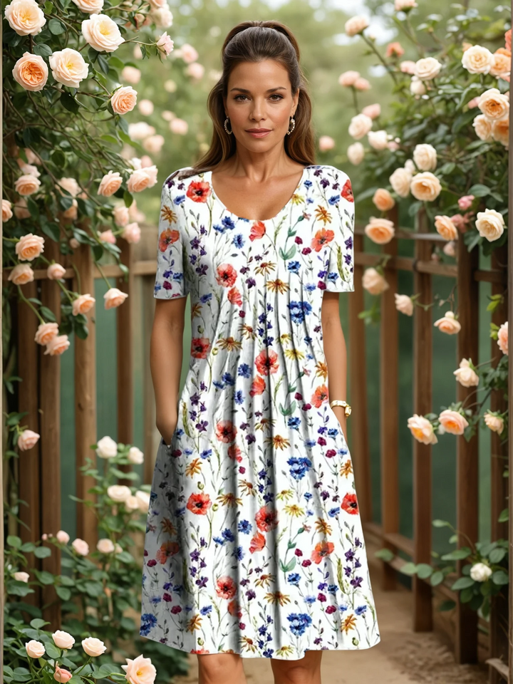 Elegant women's floral A-line midi dress with comfortable tummy coverage, perfect for spring and summer.