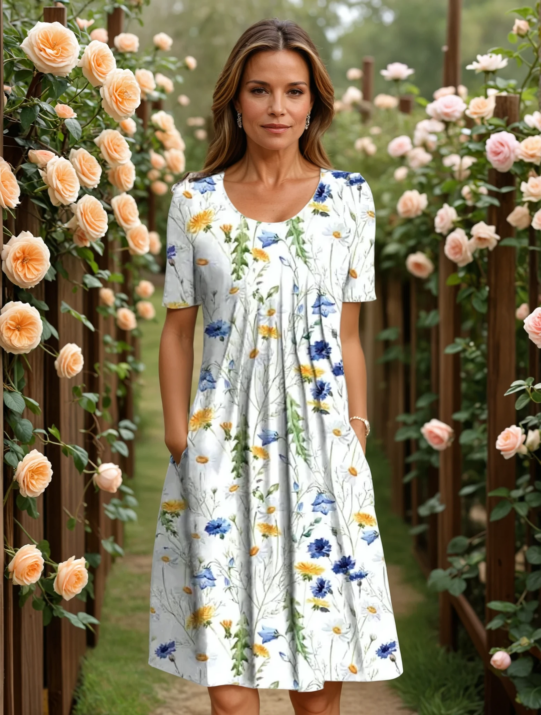 Versatile women's A-line floral midi dress featuring practical pockets and flattering tummy coverage.
