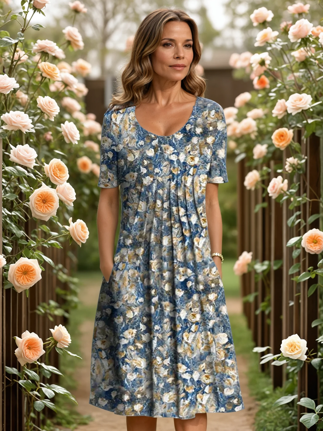 Comfortable floral A-line midi dress for women, ideal for casual spring and summer wear with tummy coverage.