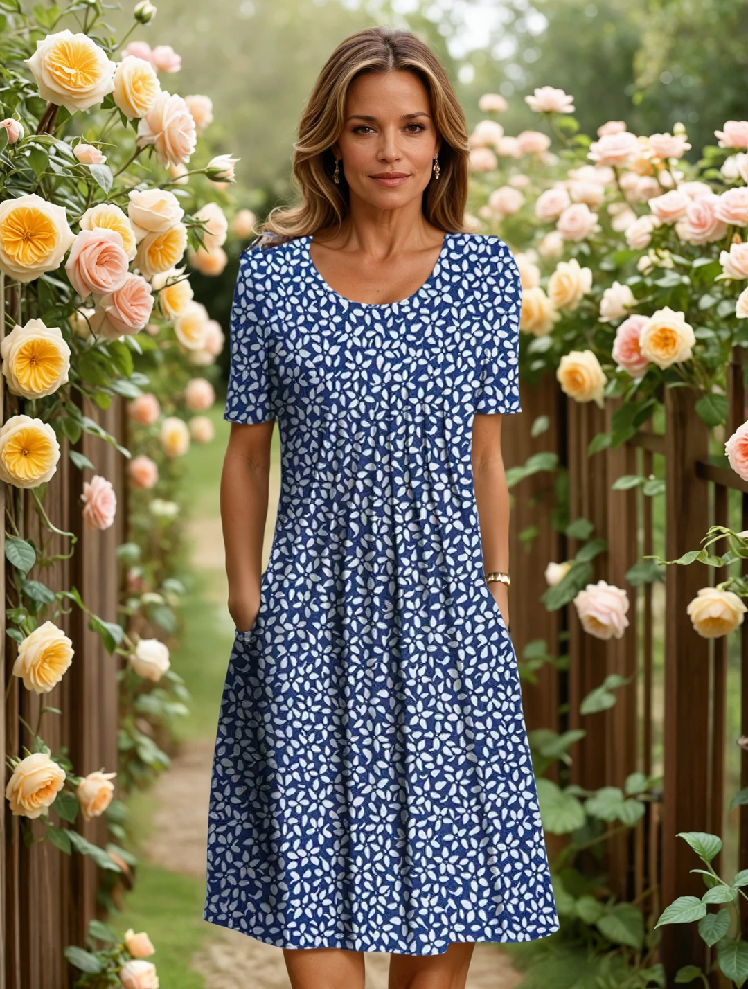 Chic women's A-line floral dress offering an elegant look, midi length, and flattering tummy control.