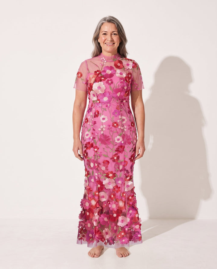 Elegant women's floral appliqué midi dress with sheer sleeves, perfect for autumn wedding guests & formal occasions.