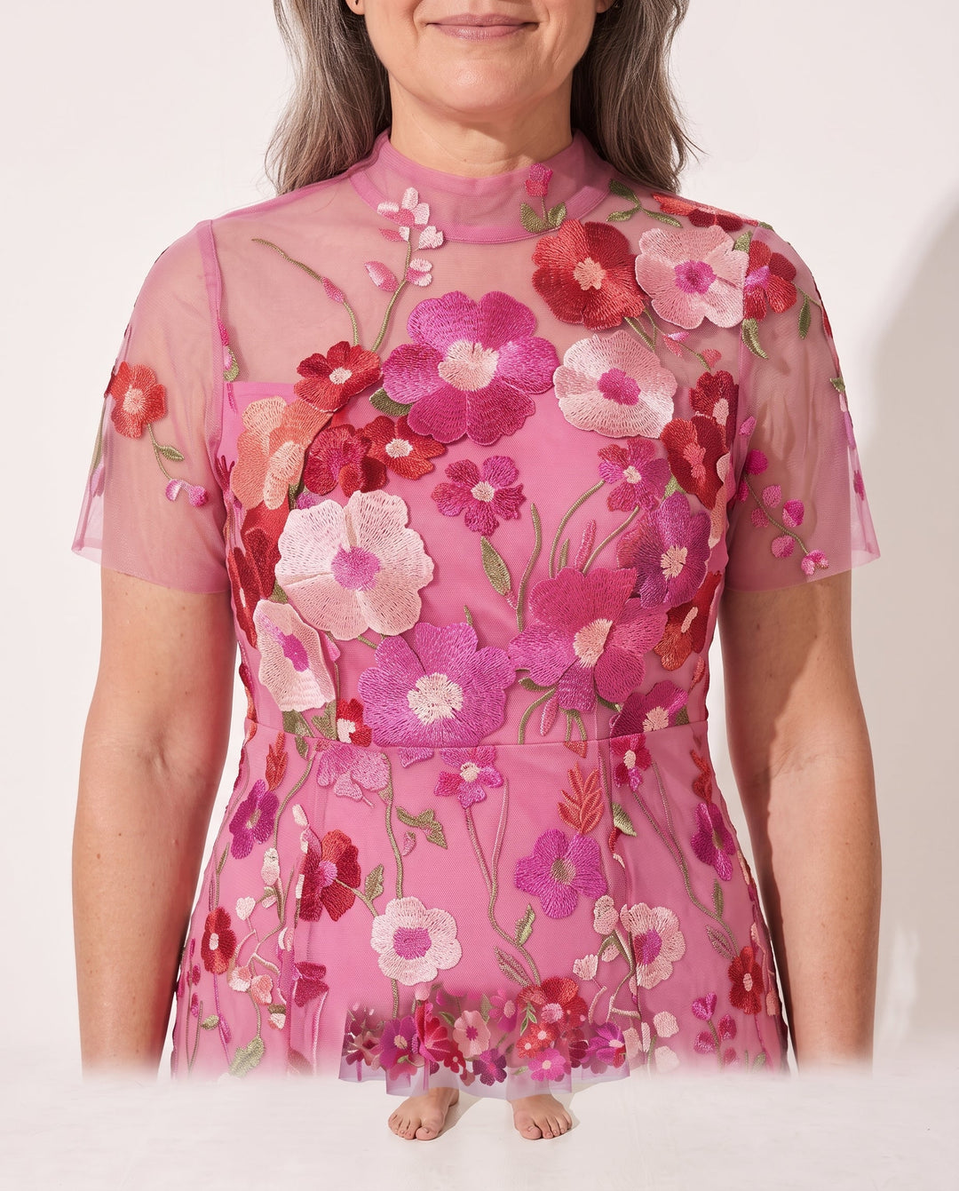 Women's formal midi dress with intricate floral appliqué, elegant sheer sleeves, and a chic autumn design.