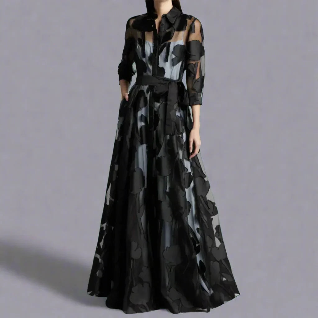 Elegant Women's Floral Belted Maxi Shirtdress with Button-Front. Versatile long-sleeve summer dress.