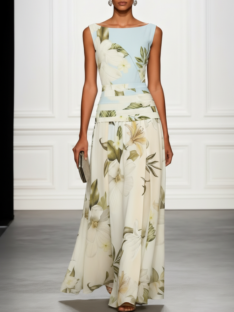 Elegant Women's Floral Boat Neck Maxi Dress for summer. Perfect flowy vacation outfit.