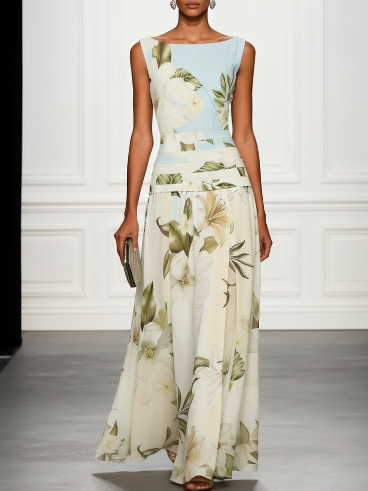 Elegant Women's Floral Boat Neck Maxi Dress for summer. Perfect flowy vacation outfit.