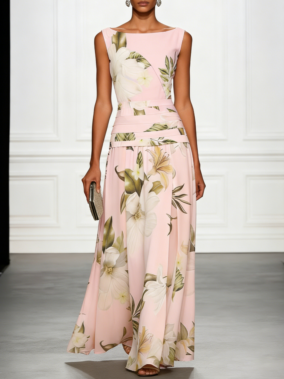 Flowy floral maxi dress with boat neck, perfect elegant summer vacation outfit for women.