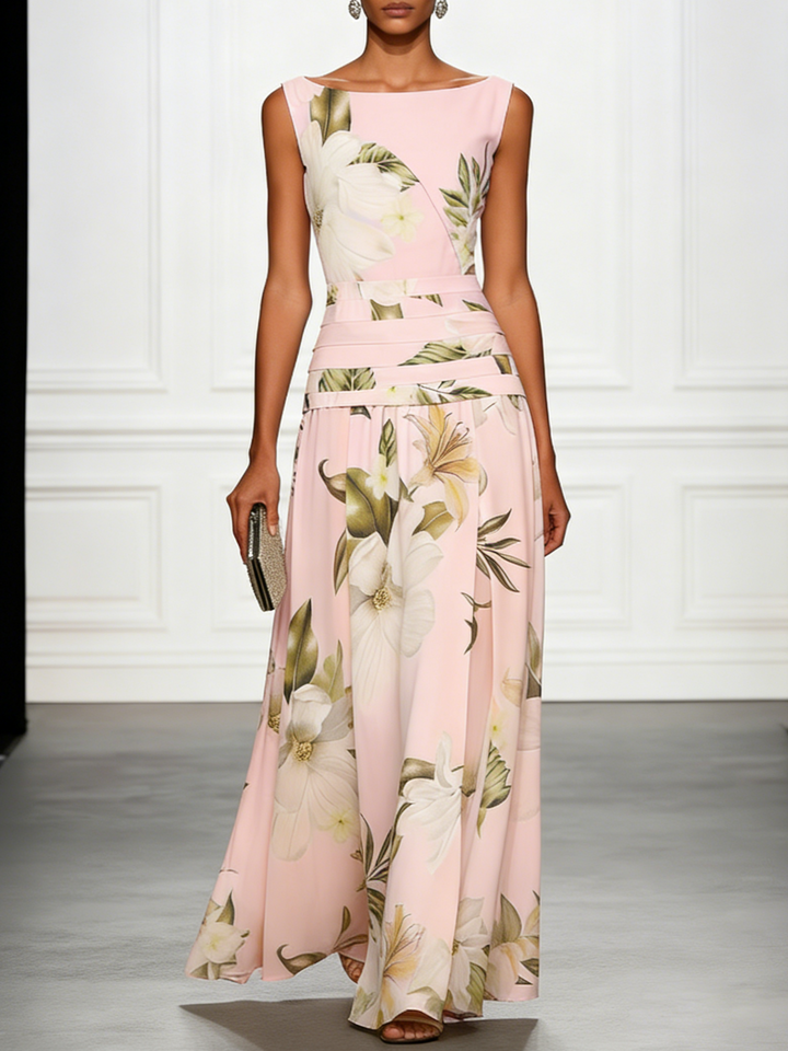 Flowy floral maxi dress with boat neck, perfect elegant summer vacation outfit for women.