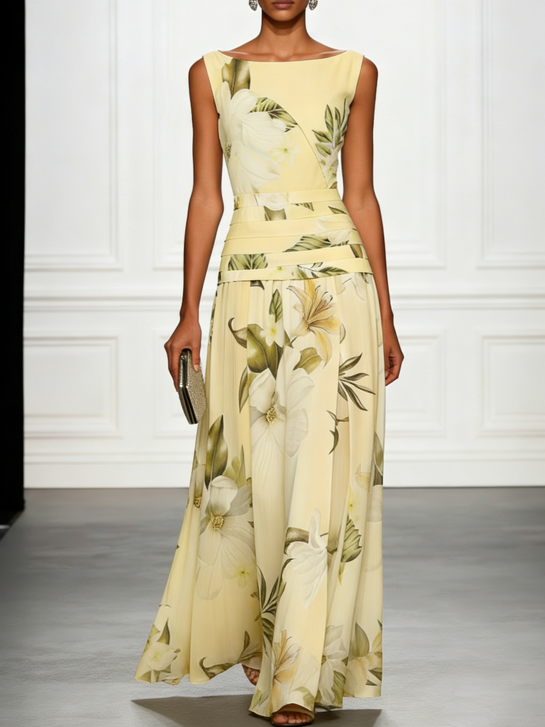 Women's boat neck floral maxi dress. Stylish and comfortable elegant summer dress.