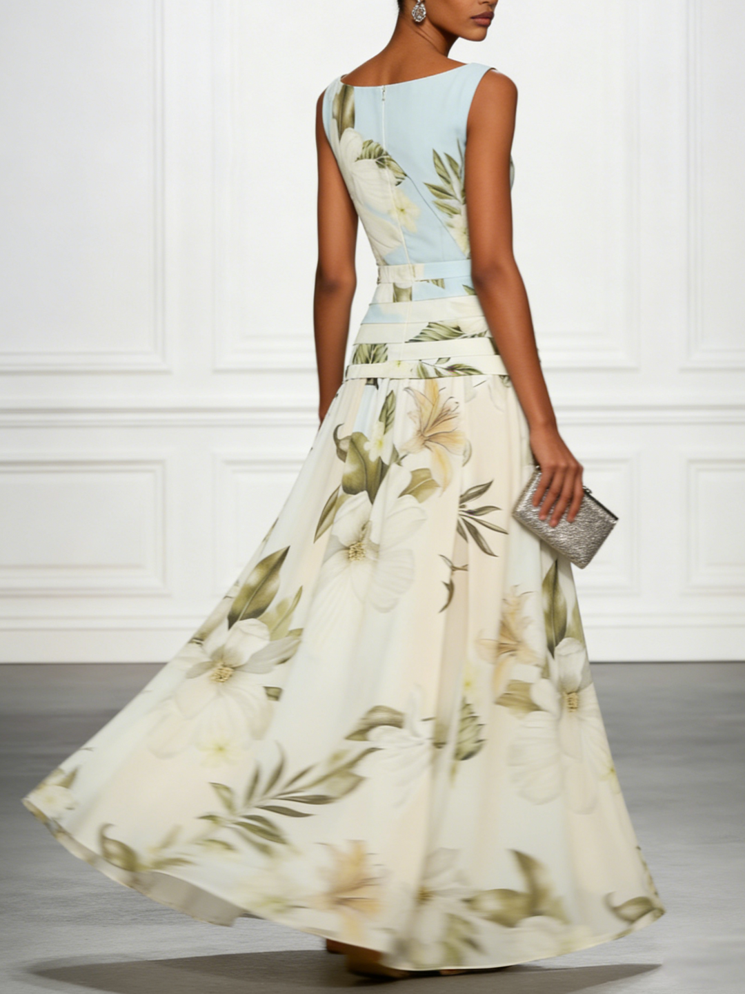 Women's elegant floral boat neck maxi dress. A versatile summer casual or vacation outfit.