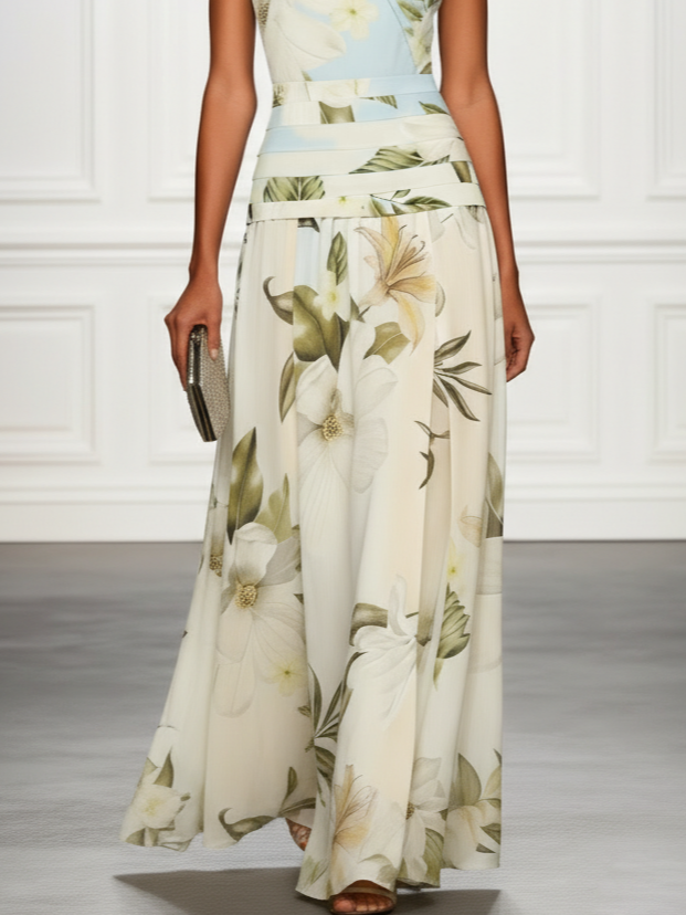 Charming floral boat neck maxi dress for women. An elegant and flowy summer fashion piece.