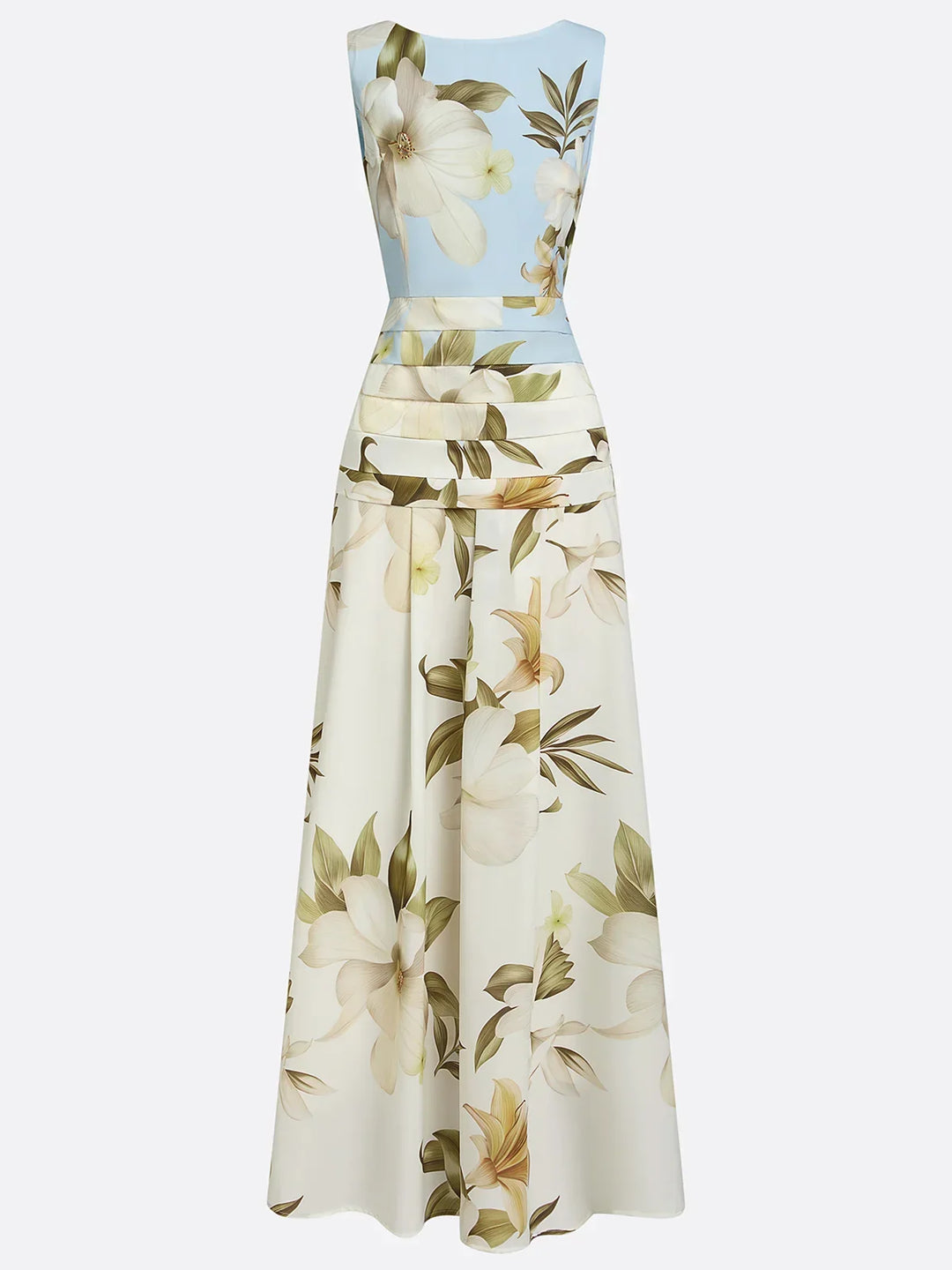 Sophisticated floral boat neck maxi dress. Women's elegant summer style, great for events or casual outings.