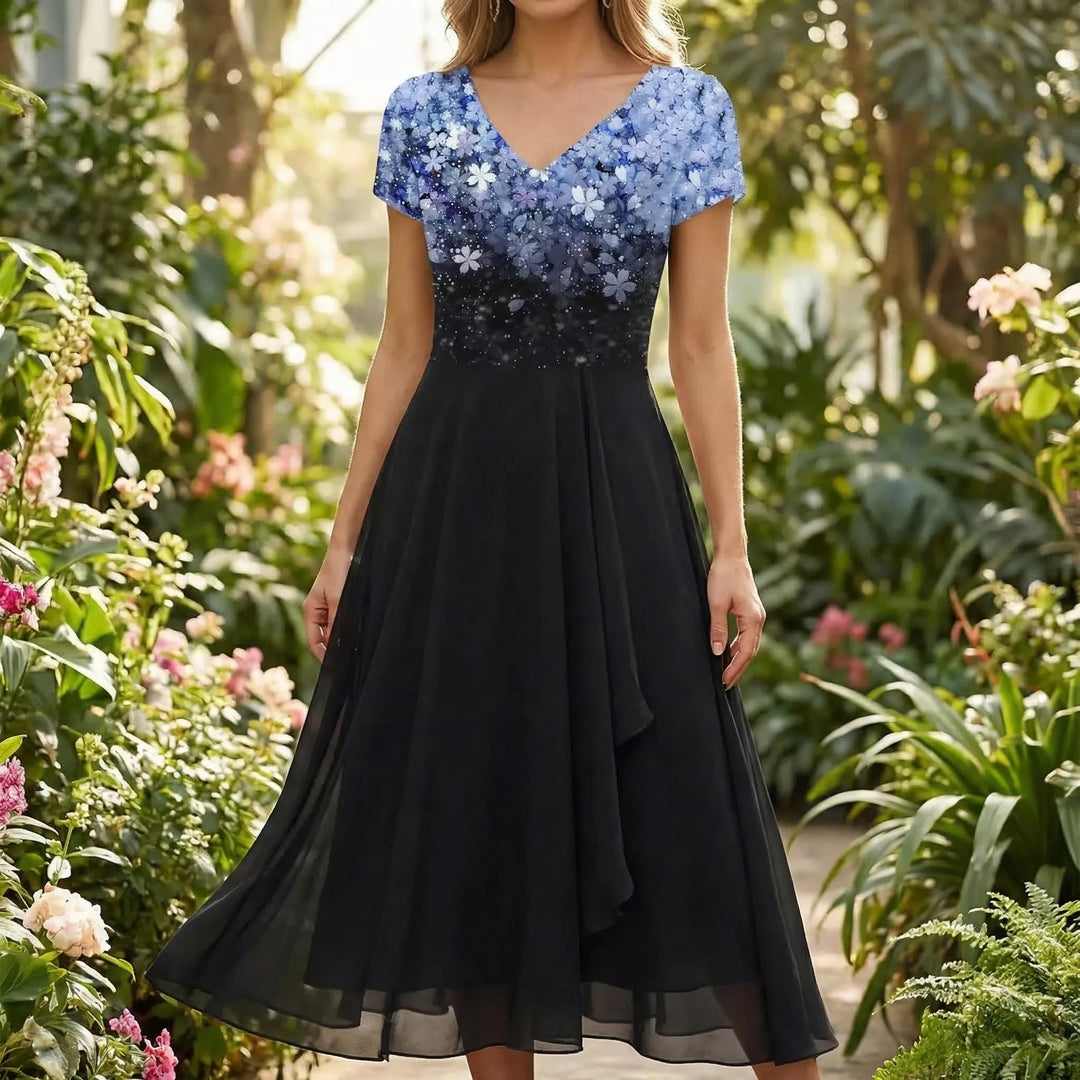 Elegant women's floral bodice midi dress with short sleeves, perfect for garden parties & summer occasions.