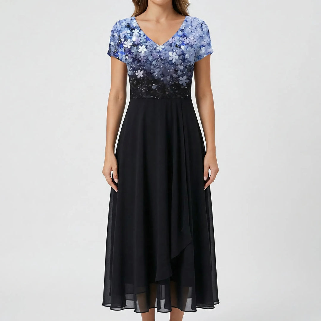 Women's A-line midi dress featuring a V-neck floral bodice & cap sleeves. Ideal for formal events & party wear.
