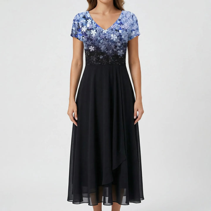 Women's A-line midi dress featuring a V-neck floral bodice & cap sleeves. Ideal for formal events & party wear.
