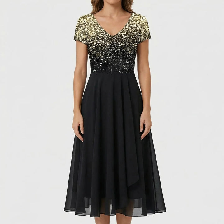 Sophisticated women's floral midi dress, an elegant choice for formal gatherings, parties & summer evening events.