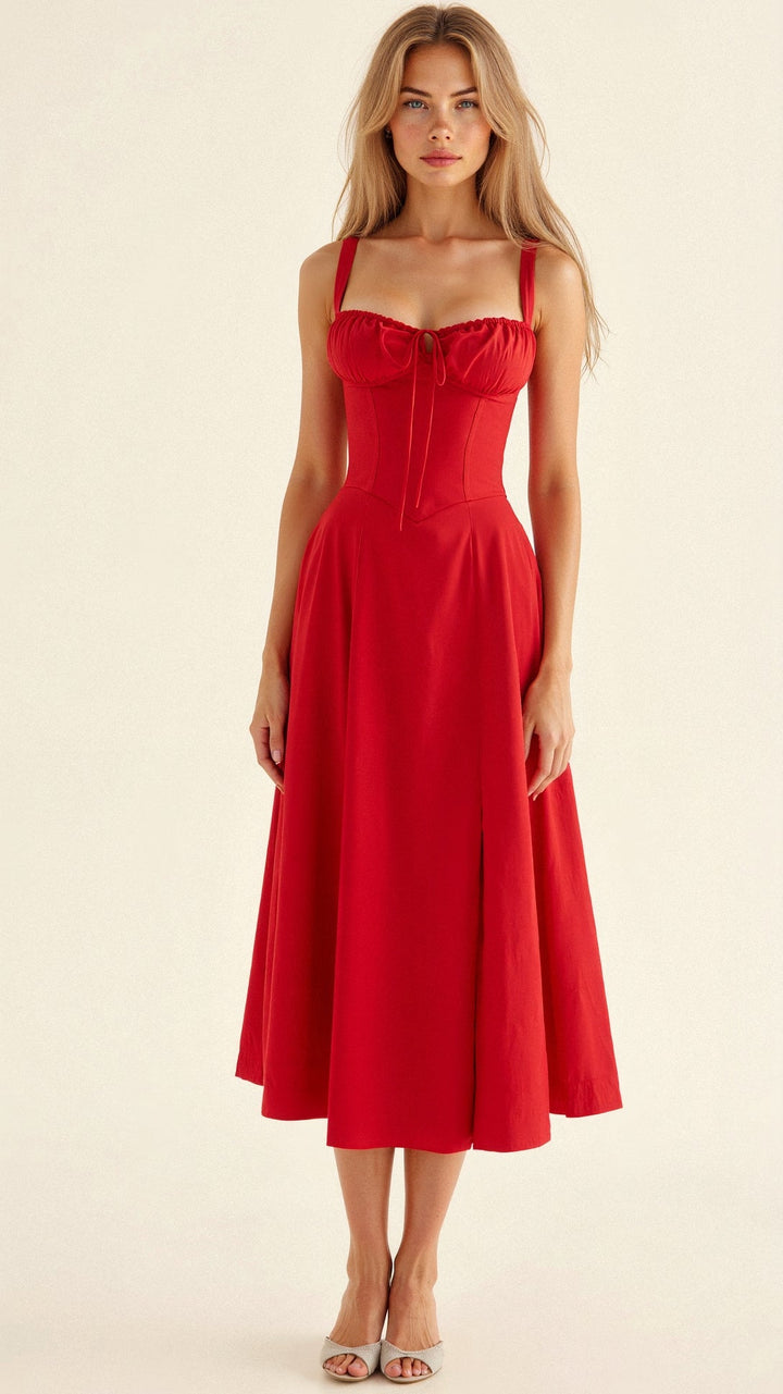 Beautiful floral bustier midi dress, a sophisticated and sleeveless choice for any elegant wedding guest or party.