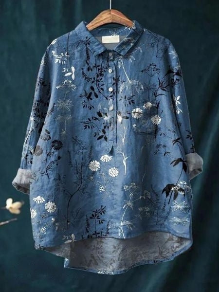Elegant women's long-sleeve floral top, a versatile button-up blouse for any occasion.