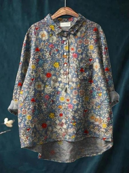 Patterned women's casual long-sleeve shirt, a floral button-up blouse for spring/summer.