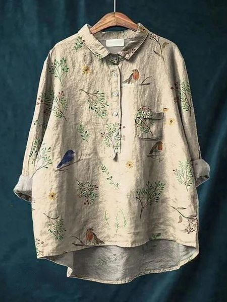 Relaxed fit women's floral button-up blouse, a chic long-sleeve top for everyday style.