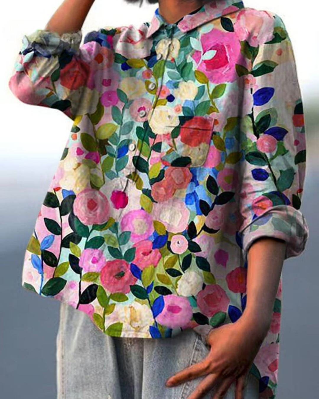 Casual floral long-sleeve blouse for women, featuring a stylish button-up design.