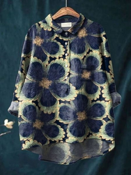 Women's patterned long-sleeve top, an elegant floral button-up shirt for everyday wear.