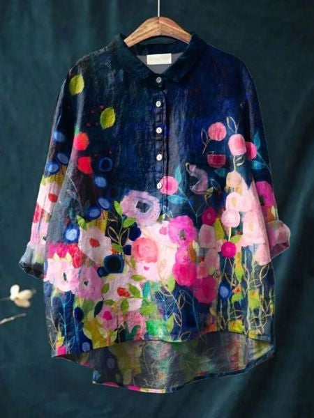 Relaxed fit floral blouse for women, a stylish button-up long-sleeve top for summer style.