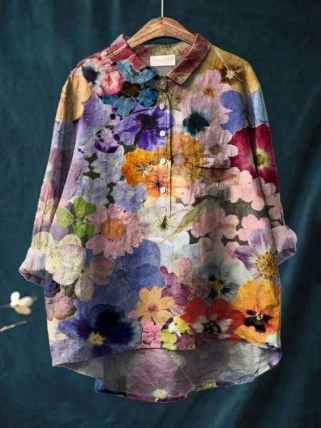 Spring fashion women's floral button-up blouse, an elegant long-sleeve top.