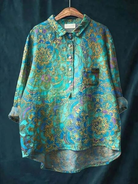 Summer style women's floral long-sleeve top, a casual button-up blouse.