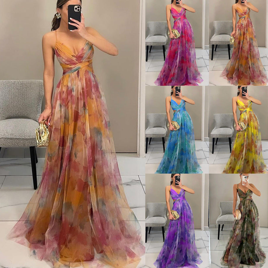 Elegant women's floral chiffon evening dress, perfect for formal occasions.