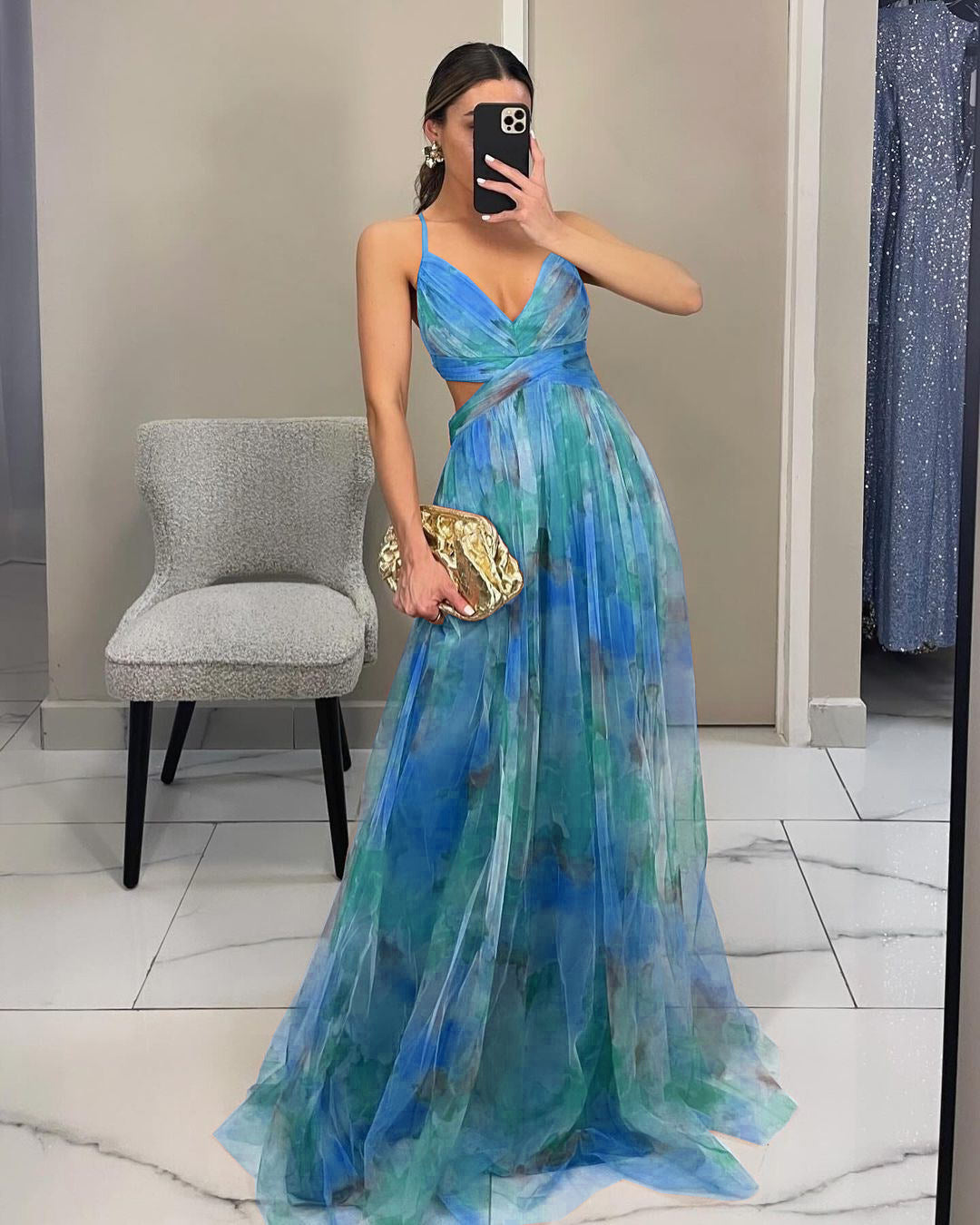 Stylish floral print chiffon prom dress for women, sophisticated and chic.