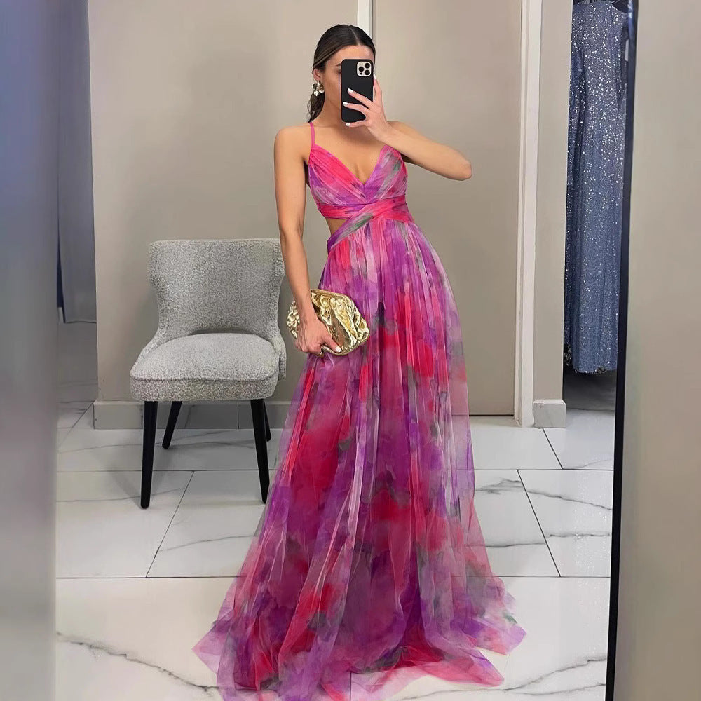 Flowy floral chiffon formal wear, designed for a graceful silhouette.