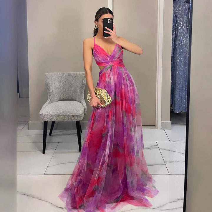 Flowy floral chiffon formal wear, designed for a graceful silhouette.