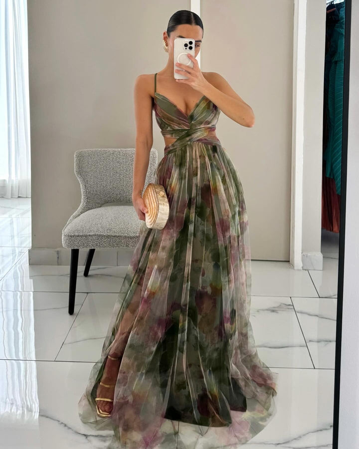 Long floral chiffon dress, perfect for elegant evening events and proms.