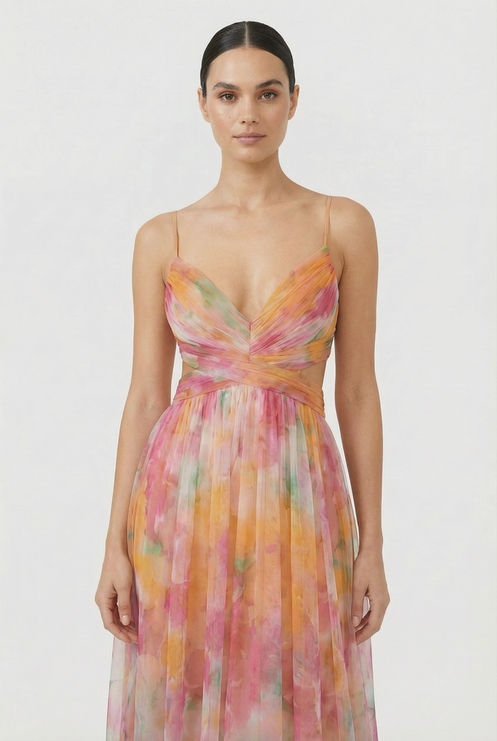 Flowy floral chiffon maxi dress for women, ideal as a wedding guest outfit.