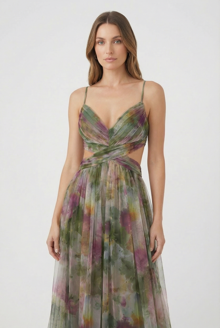 Boho-inspired women's floral chiffon maxi dress in a long, elegant design.