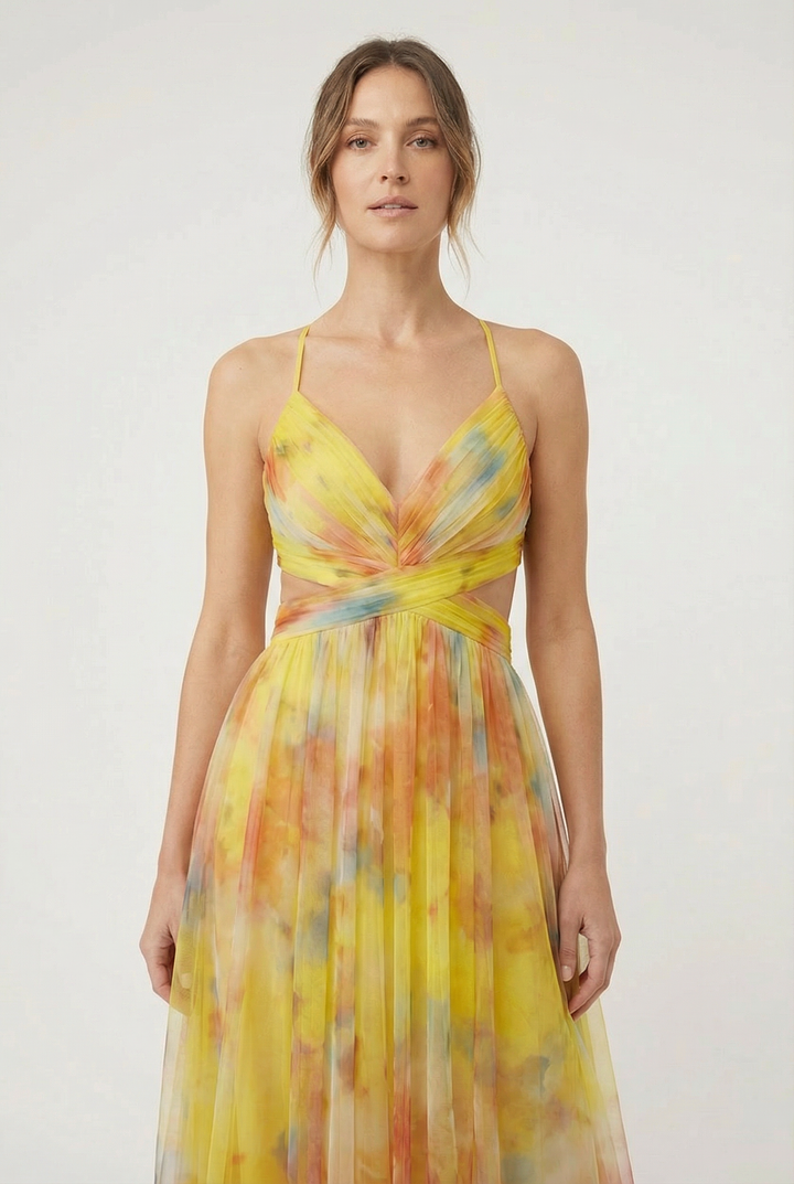 Women's long floral chiffon dress, a versatile party and wedding guest choice.