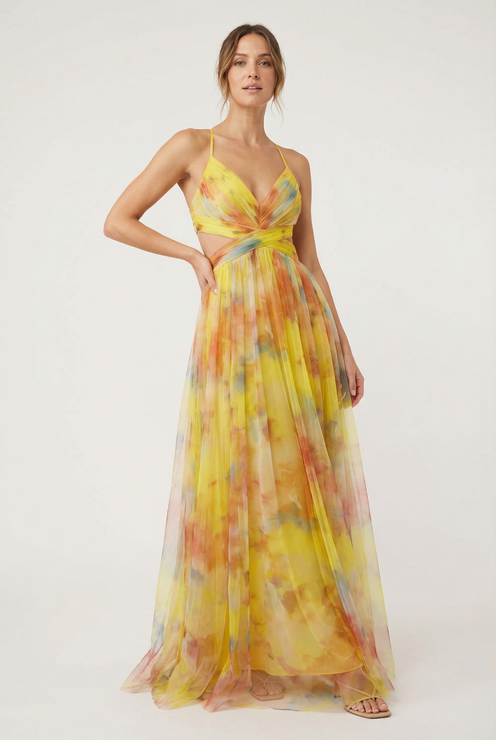 Lightweight floral chiffon maxi dress, perfect for warm weather occasions.