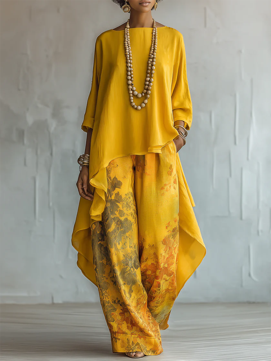 Elegant women's floral co-ord set with a chic tunic top & wide leg pants. Perfect summer matching two-piece outfit.