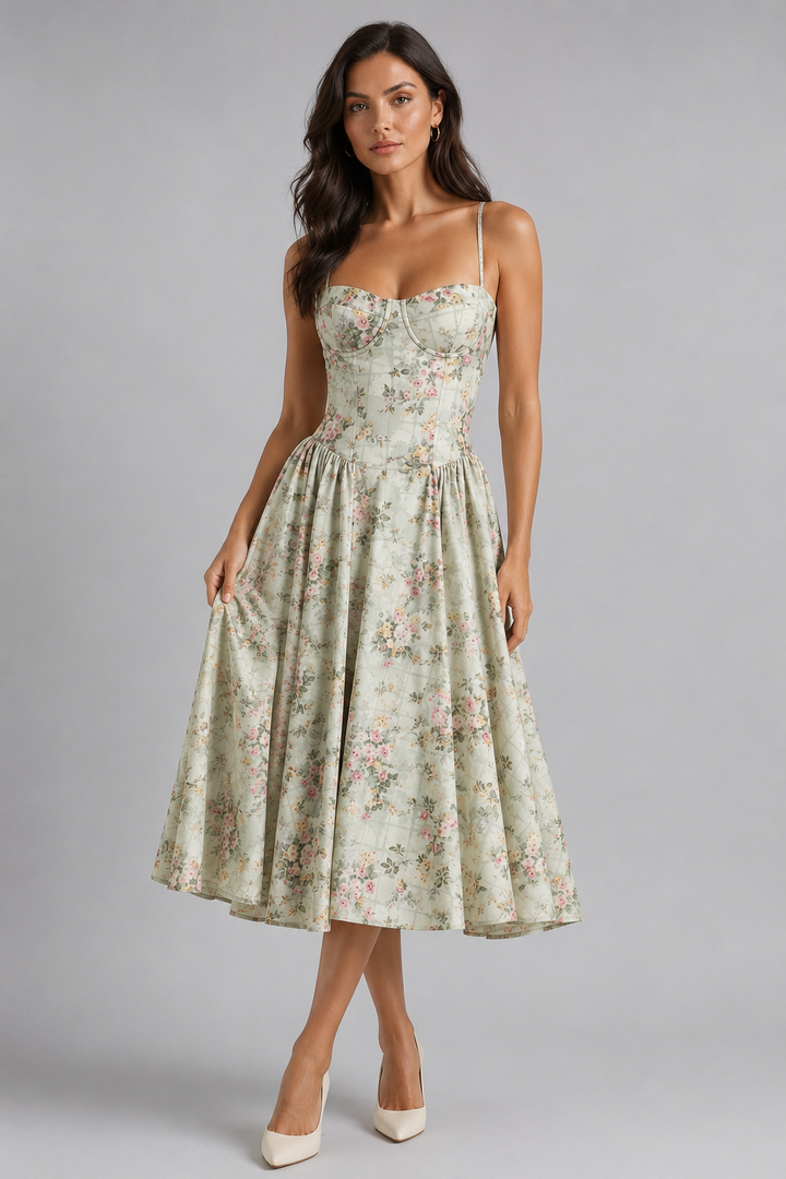 Elegant Women's Floral Corset Midi Dress, perfect for summer occasions. Beautiful floral print & flattering fit.