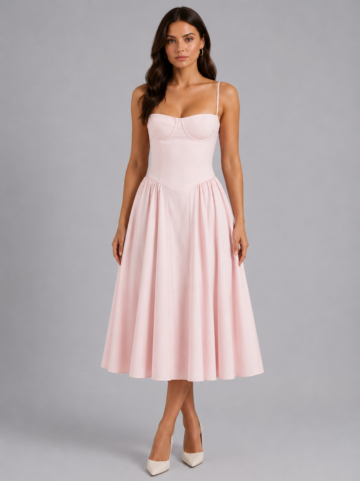 Full-length view of a model wearing a chic floral corset midi dress. Perfect elegant summer occasion wear.