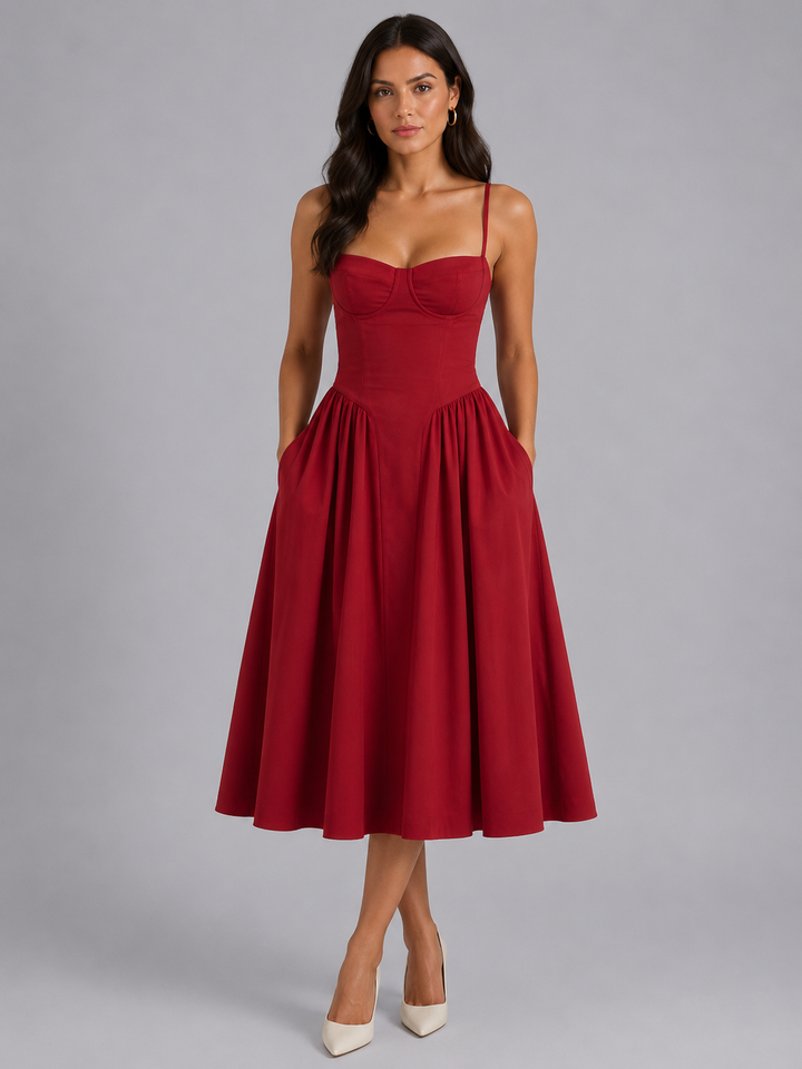 Beautiful women's floral print midi dress with a flattering corset top, an elegant choice for summer fashion.