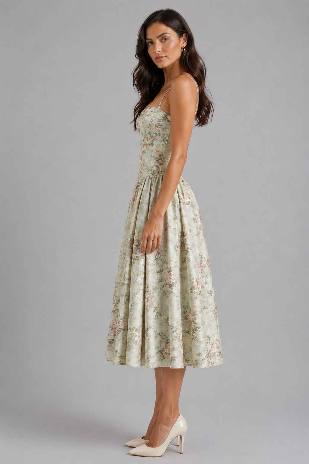 Vibrant floral print women's midi dress featuring an elegant corset top, ideal for chic summer fashion & events.